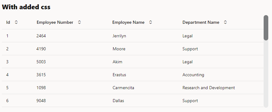 How to make scroll bar thicker in vbcs table or gird